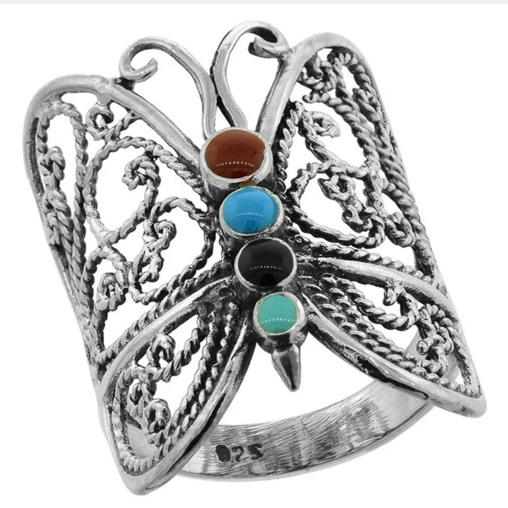 Silver Tone Gemstone Butterfly Ring